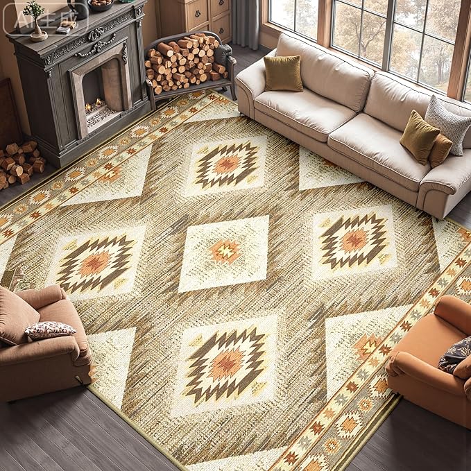 Area Rug 8x8 Rug Machine Washable Non-Slip Low Pile Print Pattern Western Rug for Living Room Bedroom Entryway Tribal Series -Cream/Camel