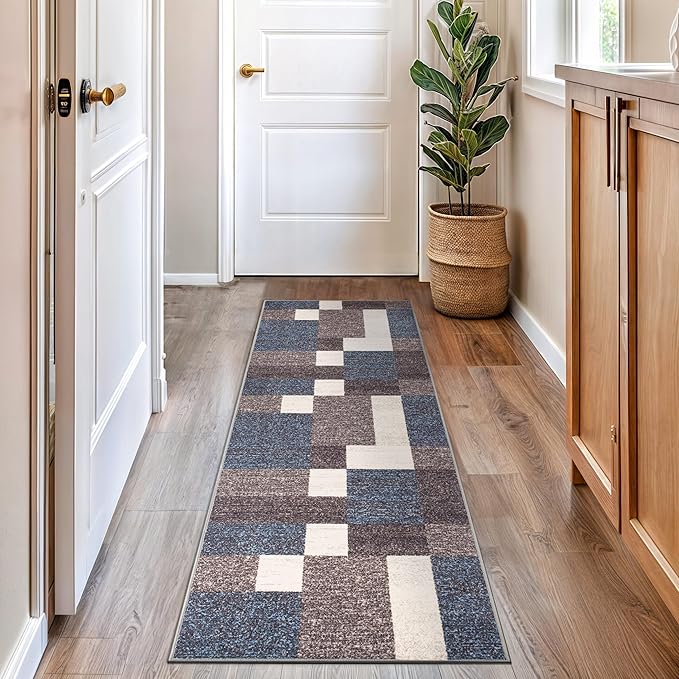 Rugshop Geometric Modern Boxes Design Non-Slip (Non-Skid) Carpet for Hallway,Kitchen,Entryway Runner Rug 2'7" x 10' Blue