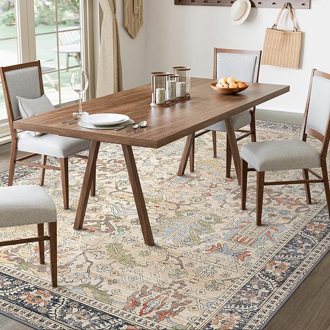 Bavni 6x9 Area Rugs Boho Washable Rugs for Living Room Non-Slip, Ultra Thin Low Pile Vintage Rug for Bedroom Dinning Room Office, Modern Farmhouse, Ivory/Teal