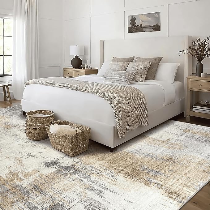 ReaLife Rugs Machine Washable Area Rug - Living Room Bedroom Bathroom Kitchen Entryway Office - Padded Low Pile Stain Resistant Premium - Modern Abstract Contemporary - Quinn - Beige 5' x 7'