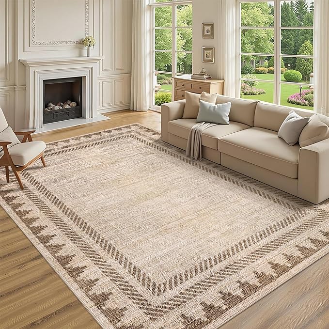 Geometric Bordered Washable 5x7 Area Rugs for Dining Room Bedroom Foldable Non Slip Soft Indoor Carpet Stain Resistant Modern Living Room Low Pile Rug with Rubber Back, Beige Brown