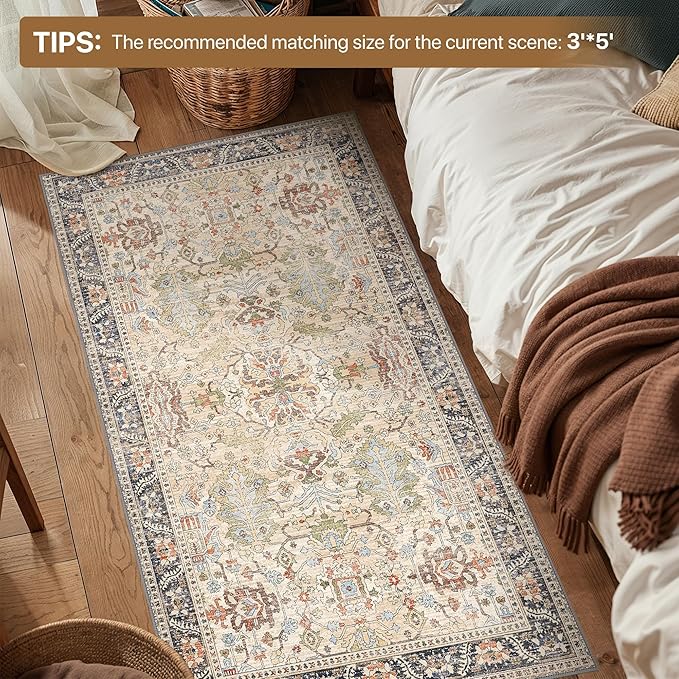 Bavni Bedroom Rug Runners for Hallways, Washable Runner Rug 2x7, Low Pile Non-Slip Indoor Throw Carpet for Bedroom Laundry Room, Ivory/Teal