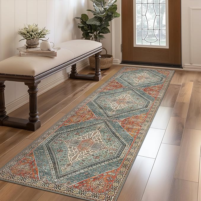 Bavni Runner Rug 2x12 Kitchen Rugs for Hallways Entryway, Washable Vintage Print Carpet, Ultra-Thin Chenille Low Pile Lightweight Rug with Non Slip Backing, Light Red/Blue