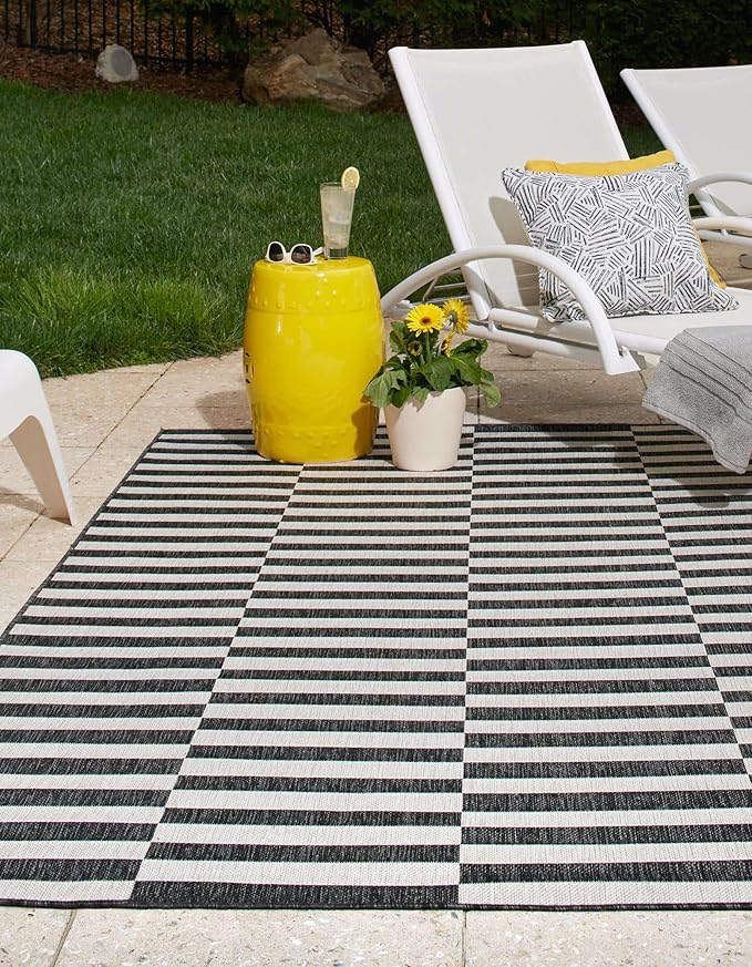Unique Loom Outdoor Striped Collection Area Rug - Striped (2' x 3' 1" Rectangle Charcoal/Ivory)