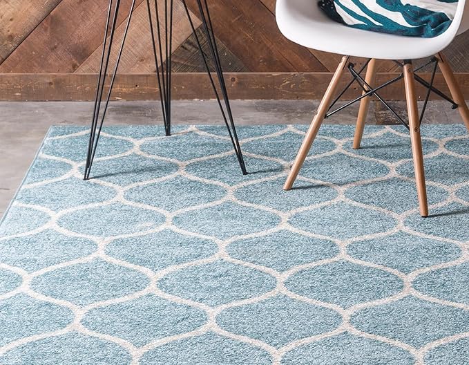 Rugs.com Lattice Frieze Collection Rug – 5' x 8' Light Blue Medium Rug Perfect for Living Rooms, Large Dining Rooms, Open Floorplans