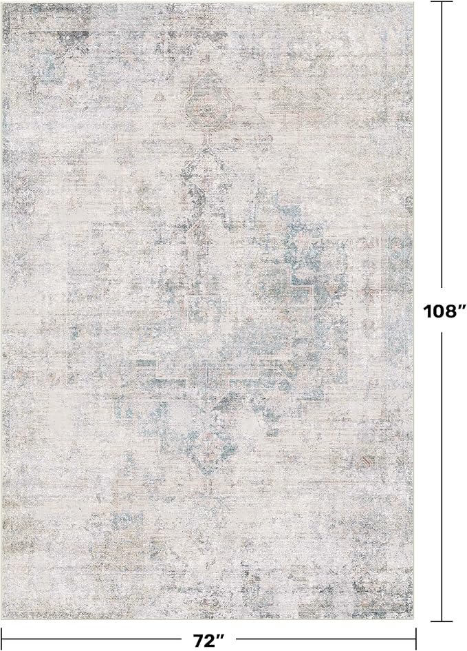 Washable 6x9 Bedroom Rug - Blue Grey Modern Rug for Living Room, Dining Room Table, Non Slip Soft Faded Print Mat