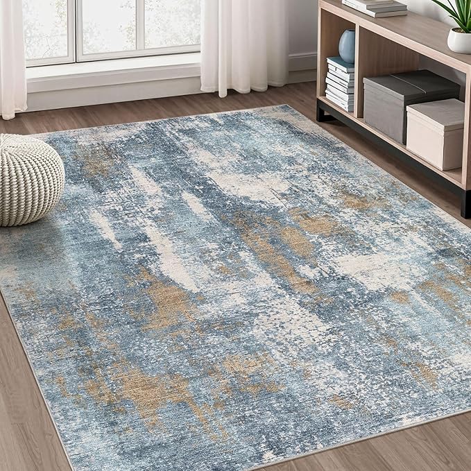 Area Rug Living Room Rugs - 5x7 Washable Soft Indoor Neutral Modern Abstract Low Pile Rug Carpet for Bedroom Dining Room Farmhouse Home Office - Blue Brown