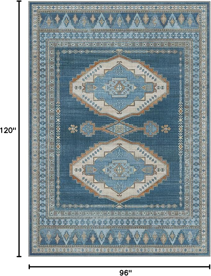 GENIMO Machine Washable 8x10 Area Rugs for Living Room, Non Slip Vintage Rugs, Low Pile Lightweight Chenille Print Rug for Bedroom, Dining Room, Home Office, Navy/Brick
