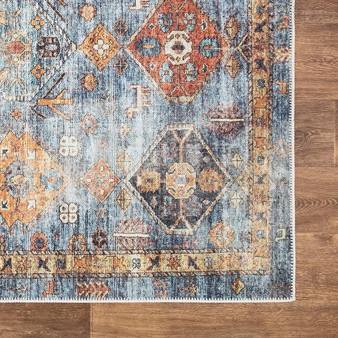 Bloom Rugs Washable Non-Slip 5' x 7' Rug - Blue/Orange Traditional Bordered Area Rug for Living Room, Bedroom, Dining Room, and Kitchen - Exact Size: 5' x 7'