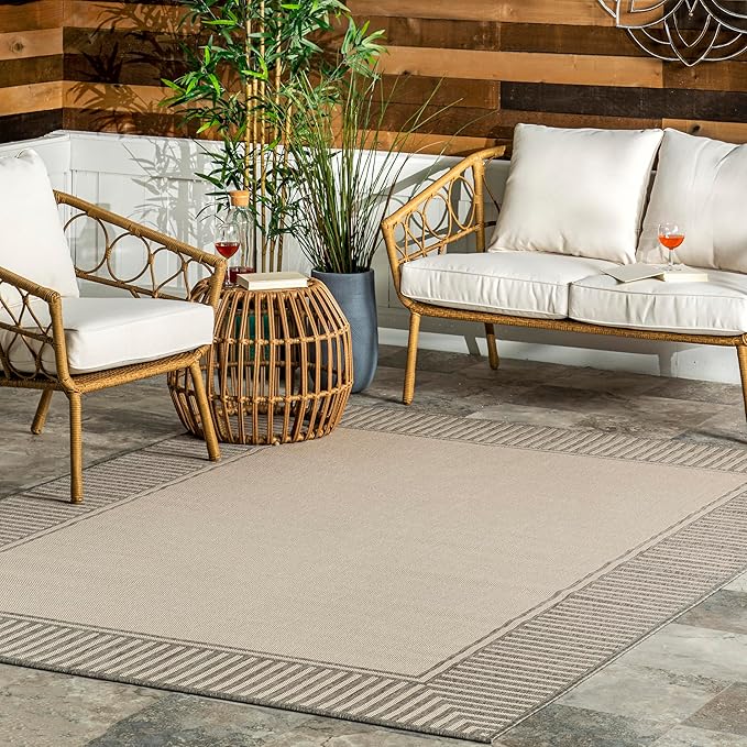 Nuloom Asha Light Grey/Ivory, 9'6" x 12', Casual, Striped Border, Soft and Cozy, High Traffic, Stain Resistant, Easy Clean, Durable Area Rug for Indoor/Outdoor Patio, Deck, Porch, Garden, Courtyard