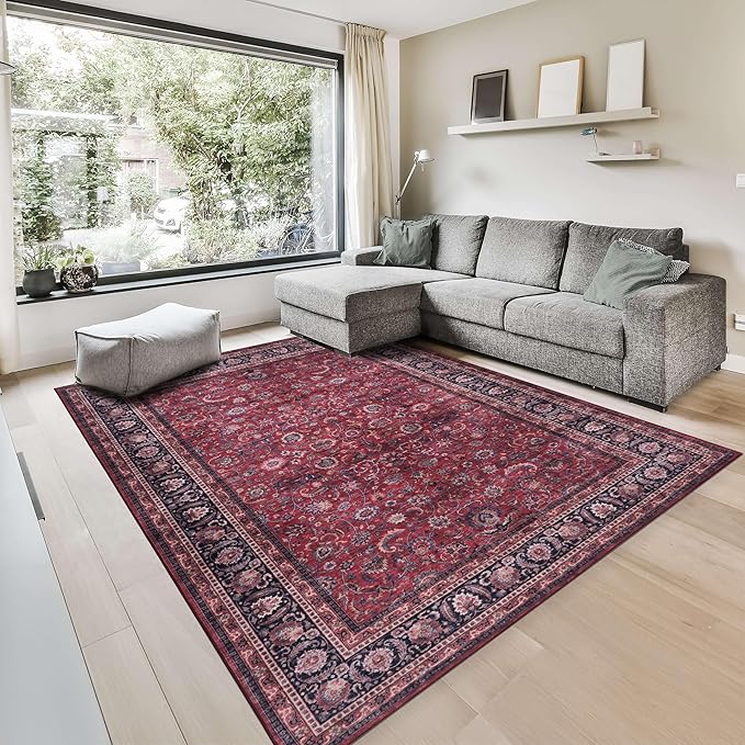 GLN Rugs Traditional Collection - Machine Washable Area Rug, Traditional Washable, Non Slip, Low Pile Chenille Rug, Living Room, Bedroom, Kitchen Rug (8' x 10' Dark Red)