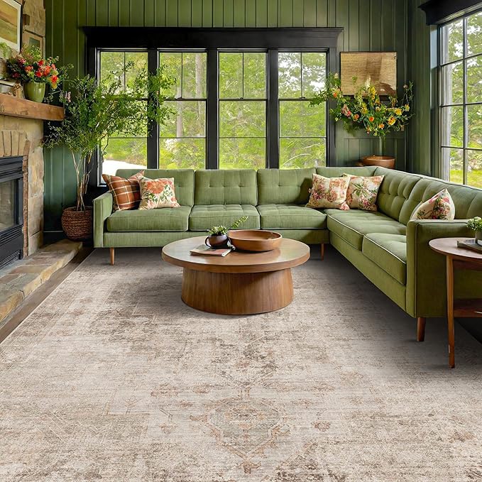 Farmhouse Area Rugs 8x12 for Living Room - Abstract Medallion Rug for Bedroom, Dining Room Under Table, Washable Non Slip, Fade & Stain Resistance