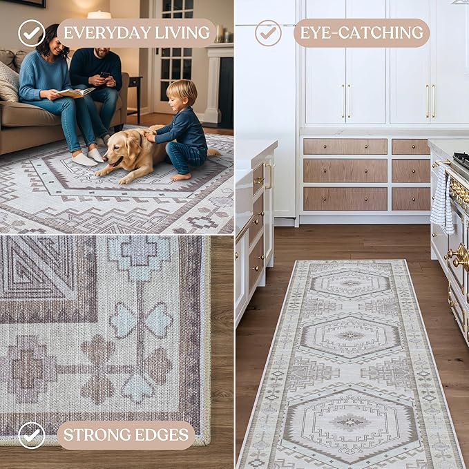 Fame Living Washable Area Rug. Modern Farmhouse. Vintage. Turkish. Bohemian. Distressed. Oriental. Traditional. Rugs for Living Room. Dining. Bedroom. Office. Entryway. Foyer. (856BrC, 9'5" x 14')