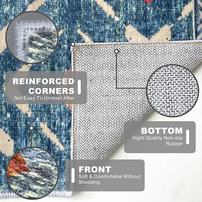 KILOCOCO Area Rug 4'x6' Entryway Rug Washable Bedroom Rug Non Slip Printed Boho Rubber Backed Low-Pile Soft Rugs for Kitchen Living Room Dining Geometric Moroccan Carpet, Teal/Blue