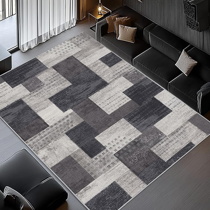 Modern Geometric Patchwork Indoor Area Rug for Living Room, Charcoal 9'x 12' Large Rug Rockwood Collection Hardwood Floors Decor for Bedroom, Grey Throw Carpet for Office Entryway Dining Room
