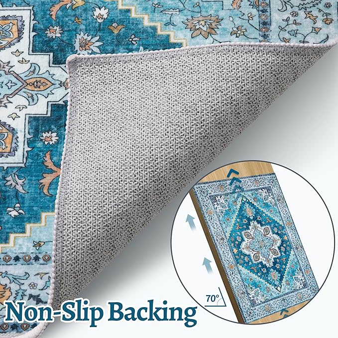 Tangsoo Blue 3x5 Washable Rug, Vintage Indoor Area Rugs, Boho Non Slip Accent Rug Carpet, Soft Low Pile Rugs for Living Room Dorm Bedroom Bedside Entryway Bathroom Home Decor