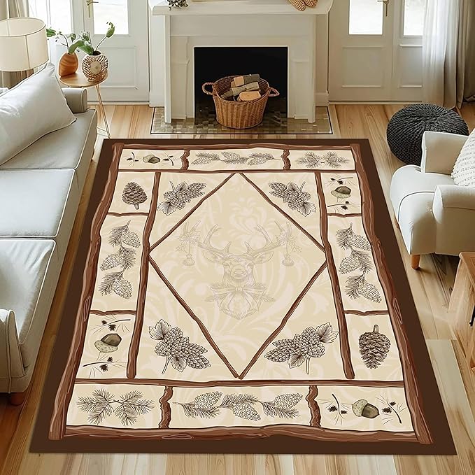 Country Cottage Deer Area Rugs 5x8ft Animal Plant Pine Cone Leaves Branches Patchwork Pattern Featured Indoor Floor Rugs, Vintage Style Non-Slip Non-Shedding Rugs for Farmhouse Office Living Room