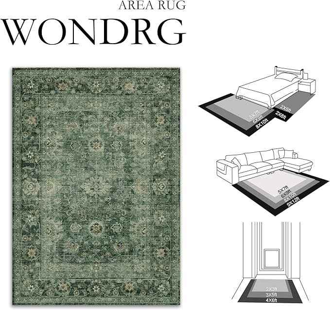 2x8 Washable Runner Rug for Kitchen Hallway Green Vintage Non-Slip Low Pile Distressed Rustic Carpet Lightweight Vacuumable Soft Long Throw Rug for Entryway Bedroom