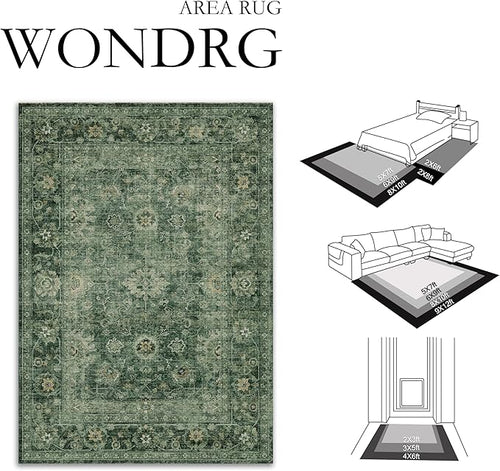 2x3 Washable Area Rug for Entryway Green Vintage Non-Slip Low Pile Distressed Rustic Carpet Lightweight Vacuumable Inoor Door Mat Soft Small Throw Rug for Entrance Bathroom