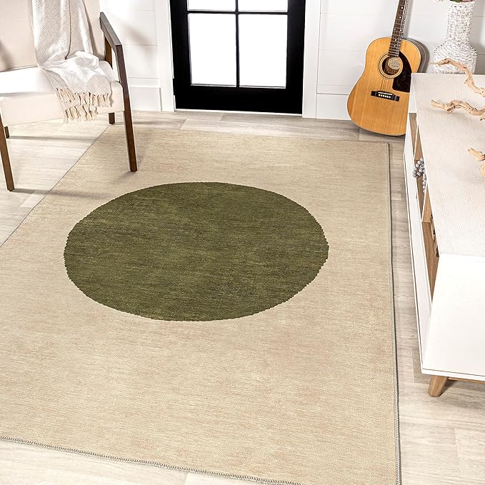 JONATHAN Y Machine Washable Cream/Green Indoor Area Rug 3X5 ft, Cirkel Minimalist Geometric Dot for Living Room, Bedroom, Kitchen, Office, Easy-Cleaning, Pet-Friendly, Non-Shedding WSH113C-3