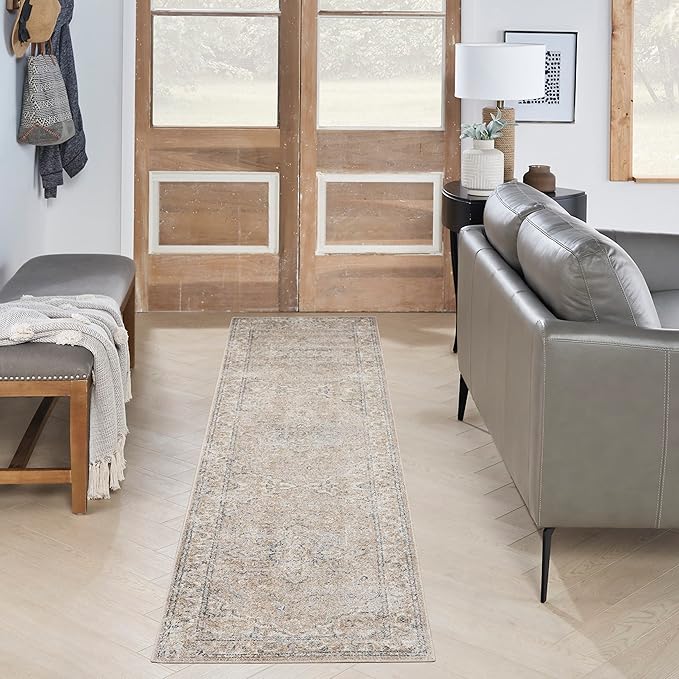 Nourison Home Astra Machine Washable Beige 2'2" x 10' Area Rug - Easy Clean, Non Shedding, Bed Room, Living Room, Dining Room, Kitchen (10' Runner)