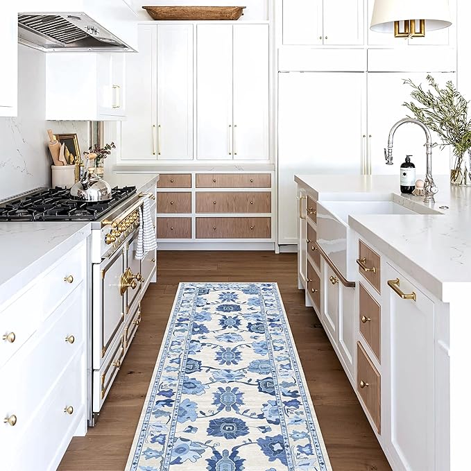 Fame Living Navy Blue Oushak Runner Rug, Modern Runners, Turkish, Eclectic, Floral, Pastel, Washable, Small Rugs, Short Runner for Hallway, Entryway, Laundry, Bedroom, Kitchen, Bathroom, 2'5"x6'5"