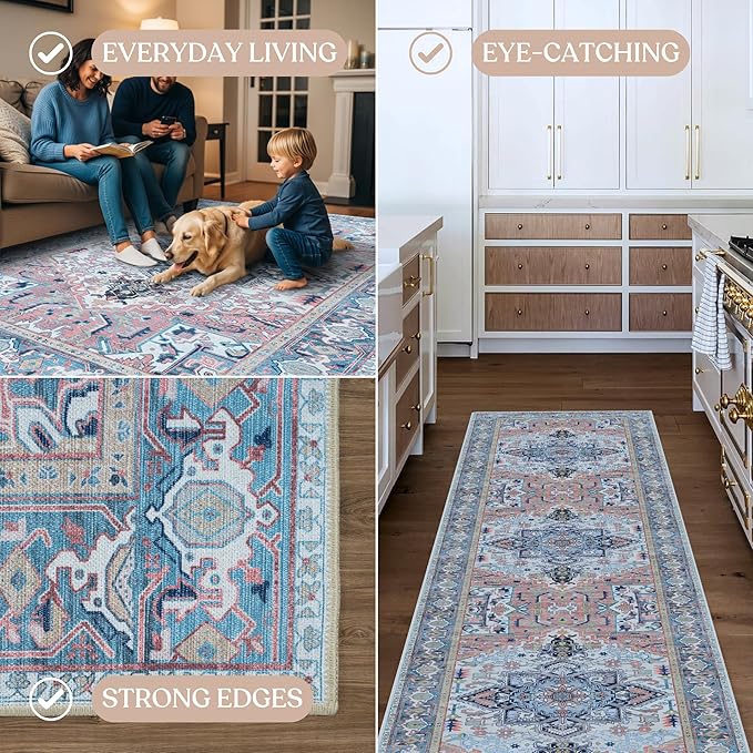 Washable Area Rug. Modern Farmhouse. Vintage. Turkish. Bohemian. Distressed. Oriental. Traditional. Rugs for Living Room. Dining. Bedroom. Office. Entryway. Foyer. (861NT, 2'5" x 13')