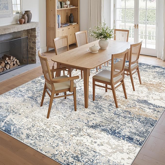 Art&Tuft Washable Rugs 8x10, Area Rugs for Living Room - Non Slip and Low Pile Soft Thin Abstract 8x10 Rug for Bedroom, Dining Room, Kitchen, Office, Blue