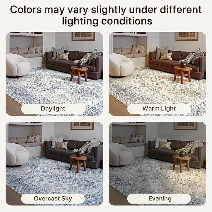 Bavni 3x5 Area Rug for Living Room Bedroom, Washable Boho Print Vintage Aesthetic Rug, Ultra-Thin Low Pile Rugs for Entryway Playroom with Non Slip Backing, Light Blue