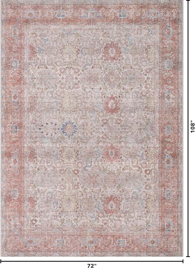Kuden 6x9 Area Rug, Machine Washable Area Rug with Non-Slip Backing, Vintage Style, Soft, Easy Clean, Low Pile Rug for Living Room, Bedroom, Dining Room