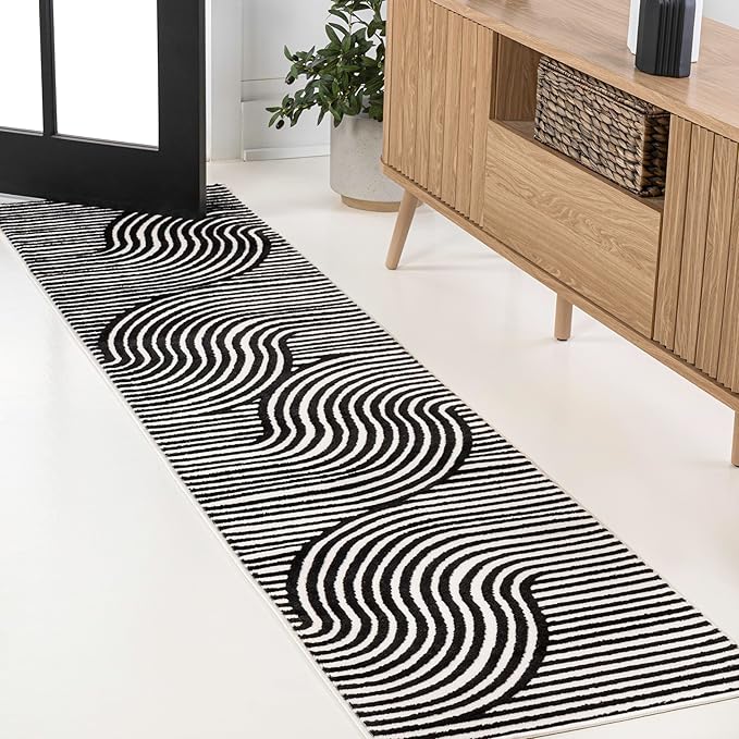 JONATHAN Y Hallie High-Low Curve Black/White 2x8 Indoor Runner Rug, Minimalist Geometric, Modern, Non-Shedding, Stain Resistant for Bedroom, Living Room, Kitchen (SCN100F-28)