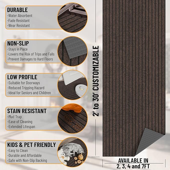Ottomanson 2'7" x 51' Hallway Runner with Scraper Pile - Extra Durable Non-Slip Rug Mat for Indoor & Outdoor Use - Ideal for Kitchen, Entryway & Garage - High-Traffic Carpet, Brown
