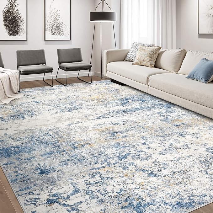 Area Rug Living Room Rugs - 10x13 Abstract Large Soft Indoor Washable Rug Neutral Modern Low Pile Carpet for Bedroom Dining Room Farmhouse Home Office - Blue