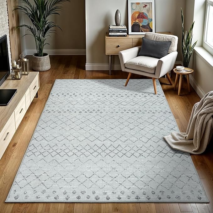 GLN Rugs Contemporary Collection - Machine Washable Area Rug, Contemporary Washable, Non Slip, Low Pile Chenille Rug, Living Room, Bedroom, Kitchen Rug (6' x 9' Gray 0166)