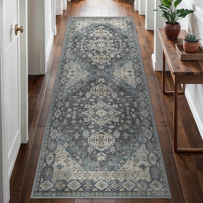 GENIMO 2x5 Washable Runner Rug for Hallway, Vintage Non Slip Low Pile Carpet, Soft Lightweight Printed Rug for Entryway, Kitchen, Corridor & Home Office, Slate Gray Blue