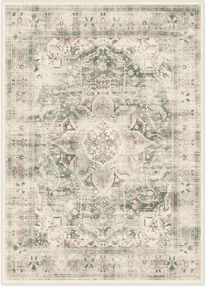 RUGGABLE Washable Vintage Area Rug – Sarrah Sage 5x7, Stain-Resistant, Non-Slip – Medium Machine Washable Rugs for Living Room, Bedroom, Hallway, Entryway & Office–with Cushioned Pad