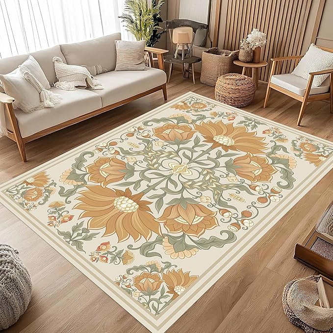Abstract Sunflower Area Rugs, 3x5ft, Traditional Rustic Vintage Tropical Floral Theme Beige Farmhouse Boho Carpet, Shaggy Low Pile Fade Resistant Home Goods Rug for Living Room Kitchen