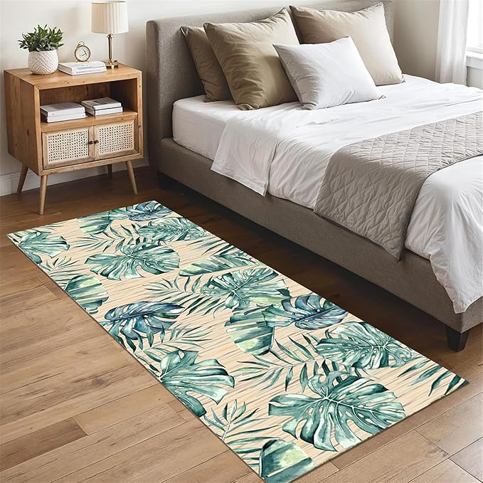 Tropical Palm Leaf Runner Rug 2x8 ft - Green Plant Pattern Non-Slip Rug, Stain Resistant Easy Clean for Hallway, Living Room, Bedroom Floor Mat
