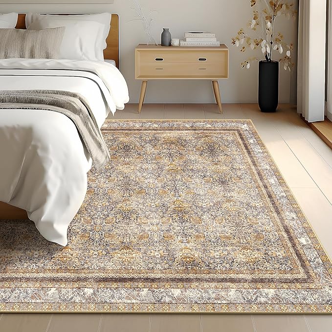 Phantoscope Washable Area Rug 8'x10' Non-Slip, Vintage Neutral Rugs for Living Room, Bedroom, Dining Room, Distressed Boho Floral Medallion Pattern, Low-Pile Foldable Carpet, Brown/Charcoal Spice