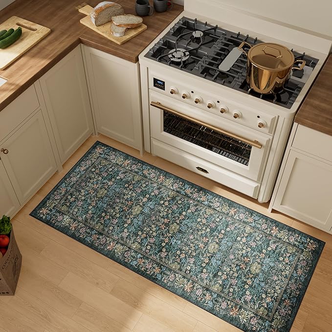 DUKINO 2x5 Washable Runner Rug, Floral Non Slip Bathroom Rugs with Soft Low Pile Design, Lightweight Non-Shedding Carpet Runner for Bathroom, Kitchen, Hallway, Bedroom, Laundry, Blue