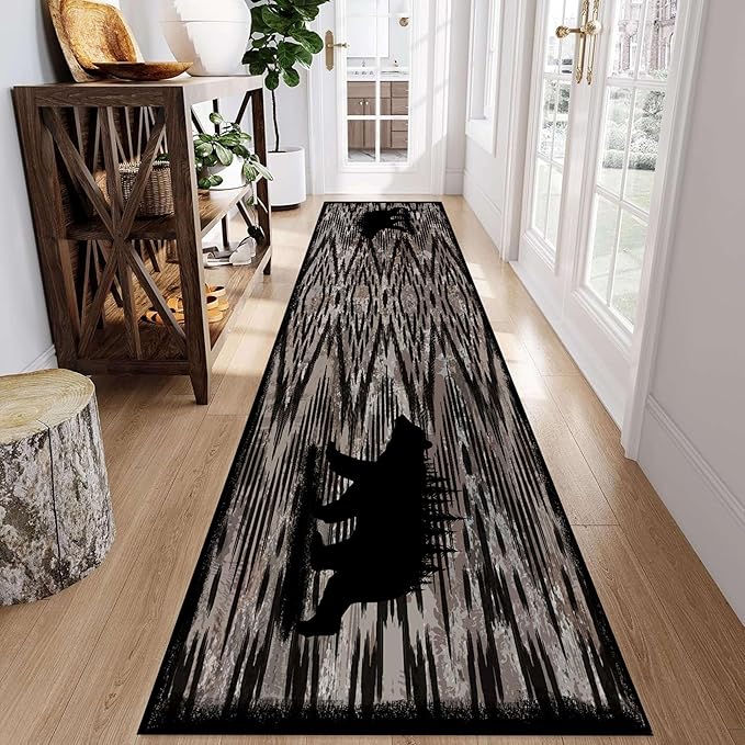Rustic Cabin Runner Rug, 2x10ft, Vintage Lodge Wood Grain Wild Animal Black Bear Print Long Hallway Rug, Non-Slip Washable Carpet with Rubber Backing for Hallway Walkway Entry Foyer