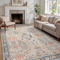 Area Rugs 8x10 Clearance Washable Boho Rug for Bedroom Living Room, Non Slip Thin Low Pile Chenille Carpet for Dining Room,Vintage Farmhouse, Teal/Multi