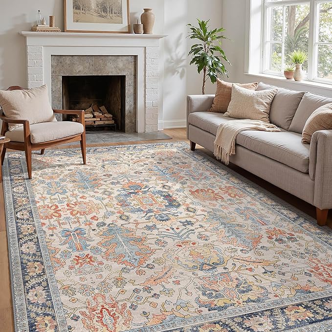 Area Rugs 8x10 Clearance Washable Boho Rug for Bedroom Living Room, Non Slip Thin Low Pile Chenille Carpet for Dining Room,Vintage Farmhouse, Teal/Multi