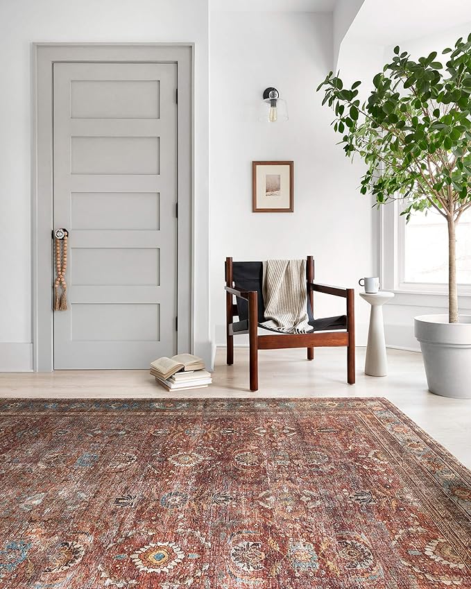 Loloi Layla Collection LAY-01 Brick/Blue 2'-0" x 5'-0" .13" Thick Accent Rug, Soft, Durable, Vintage Inspired, Distressed, Low Pile, Non-Shedding, Easy Clean, Printed, Living Room Rug