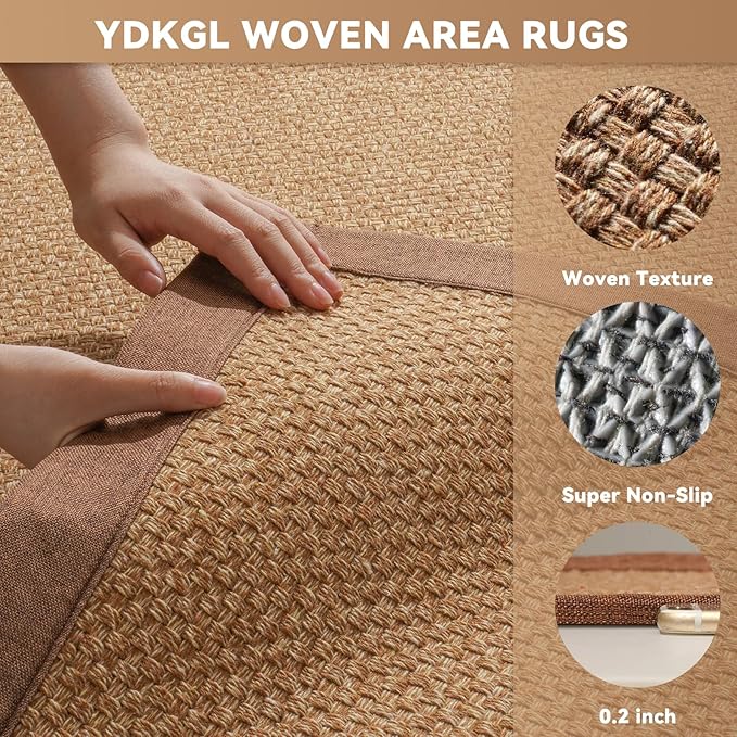 Washable Area Rug 6x9 Large Jute Like Rug for Living Room, Soft Non Slip Rugs Carpet for Dining Room Bedroom Cotton Boho Woven Braided Rugs Home Office Decor, Brown