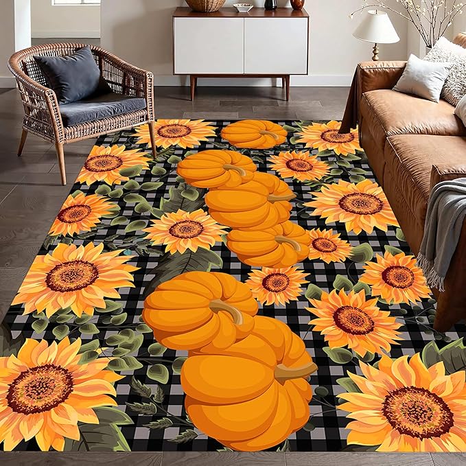 Autumn Style Area Carpet, 5x7ft, Checkered with Sunflower and Pumpkin Fall Harvest Large Flower Rug, Fluffy Short Pile Rubber Backed Farmhouse Door Mat for Study Room Front Door