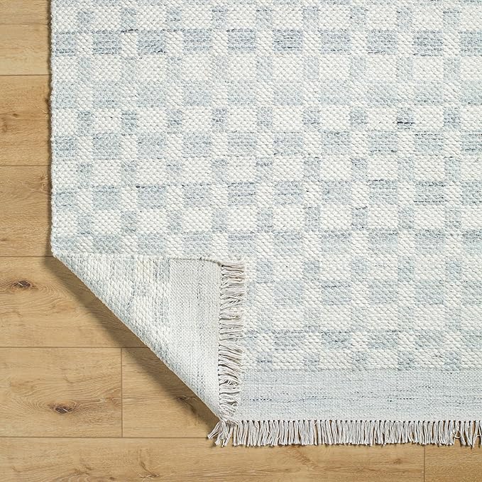 Mark&Day Wool Rugs, 2x8 Clinten Solid and Border Light Slate Runner Checkered Rug, Cream Grey Carpet for Hallway, Kitchen, Bedroom or Living Room (2'6" x 8' Runner)