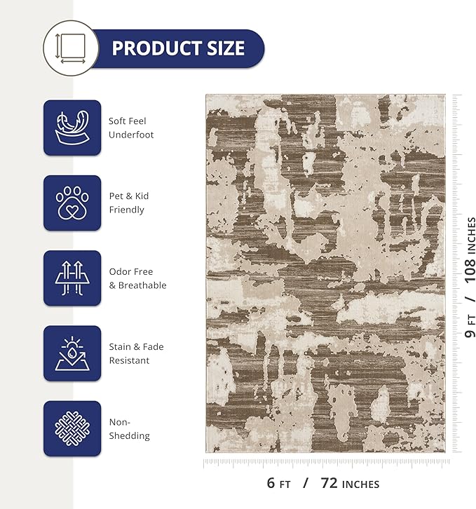 Abani Terra Area Rug for Living Room, Bedroom - Abstract Pattern - Brown Cream - 6' x 9' - Durable & Easy to Clean
