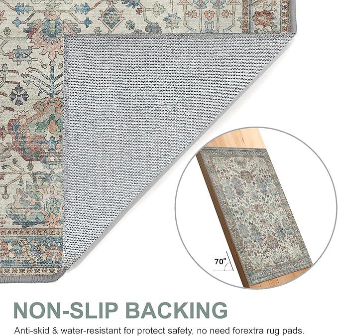 Bavni Area Rug 3x5, Non-Slip Washable Rugs for Living Room Office, Boho Distressed Printed Rug, Low Pile Foldable Decorative Carpet for Bedroom Kitchen Office, Blue/Ivory