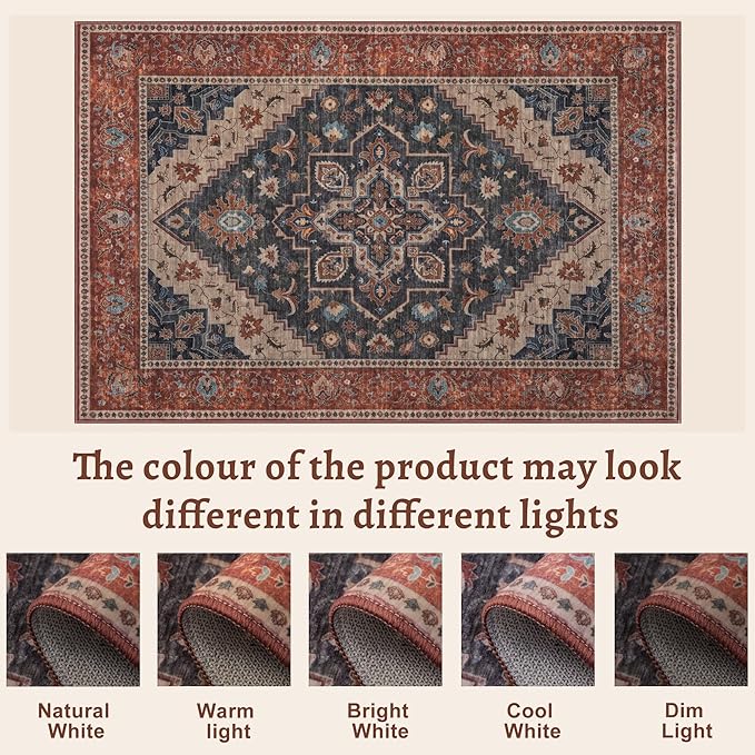 Tangsoo 3x5 Washable Rug, Vintage Rugs Indoor Area Rugs, Boho Non Slip Accent Rug Carpet, Soft Low Pile Rugs for Living Room Dorm Bedroom Bedside Entryway Bathroom Home Decor Dark Blue/Orange